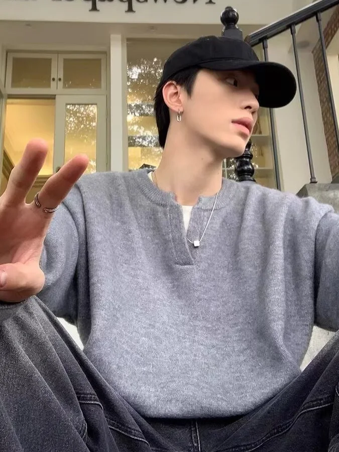 

Ay Свободный вязаный свитер с v-образным вырезом для мужчин и женщин, осенний повседневный однотонный свитер для пар, удобные дышащие длинные све