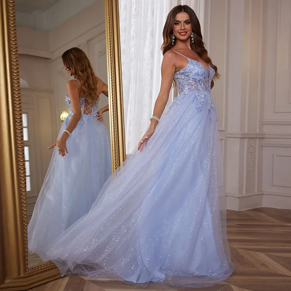 Elegant Tulle Lace Evening Gowns For Women Formal Beaded Prom Dresses Long Ball Gown With Train Homecoming Birthday Party Gown