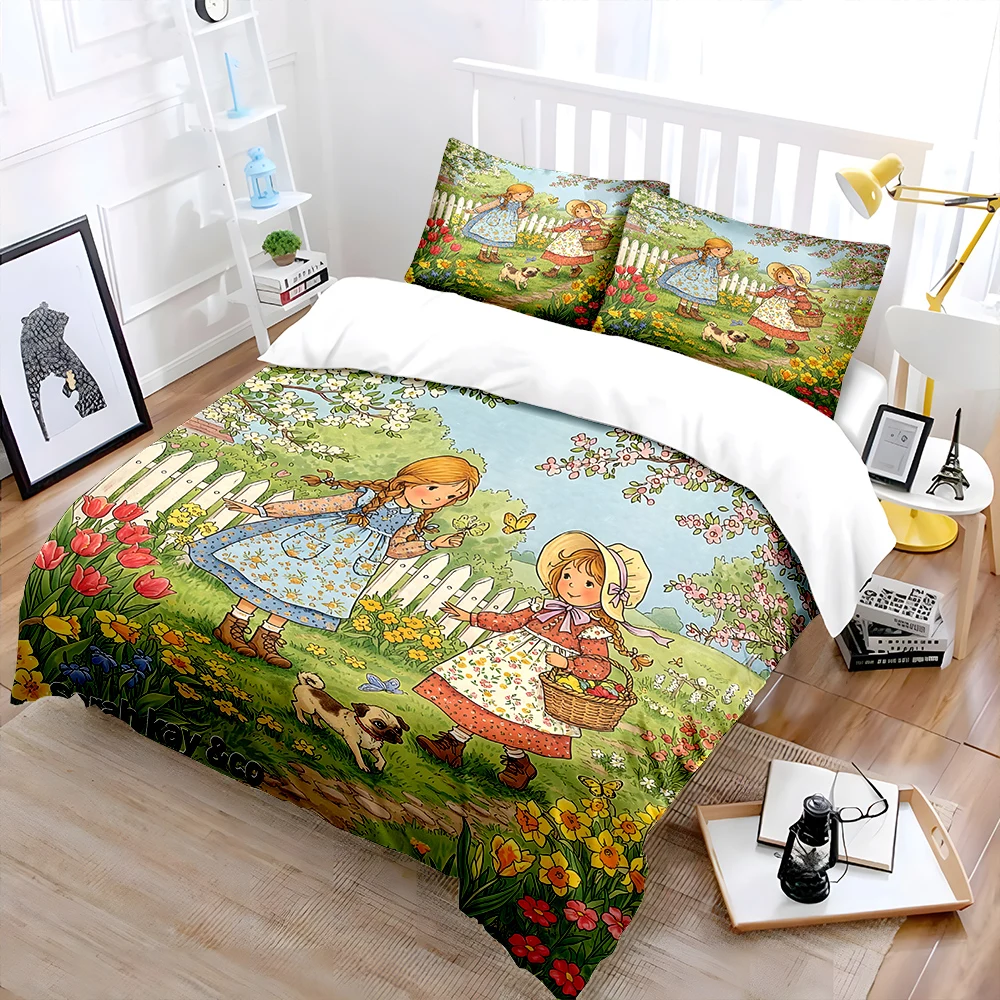 Girls Playing in Spring Garden Bedding Set for Kids Luxury Gift 3pcs Digital Print Comforter Set Soft Comfortable Breathable