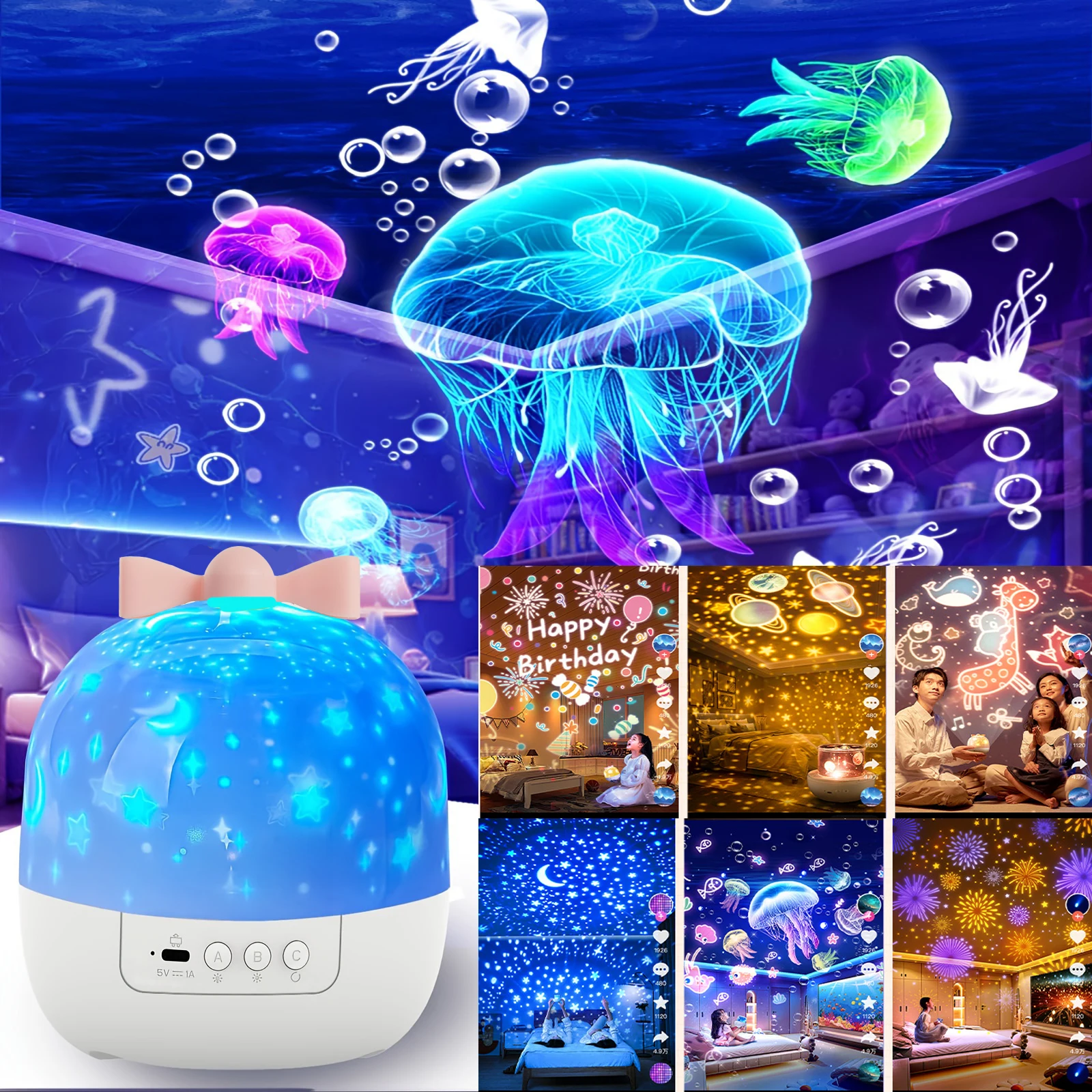 1pc Bow Rotating Star Light Projection 1200Mah For Bedroom Ceiling Atmosphere Night Lamp Childrens Birthday Gift with 6 Films ﻿