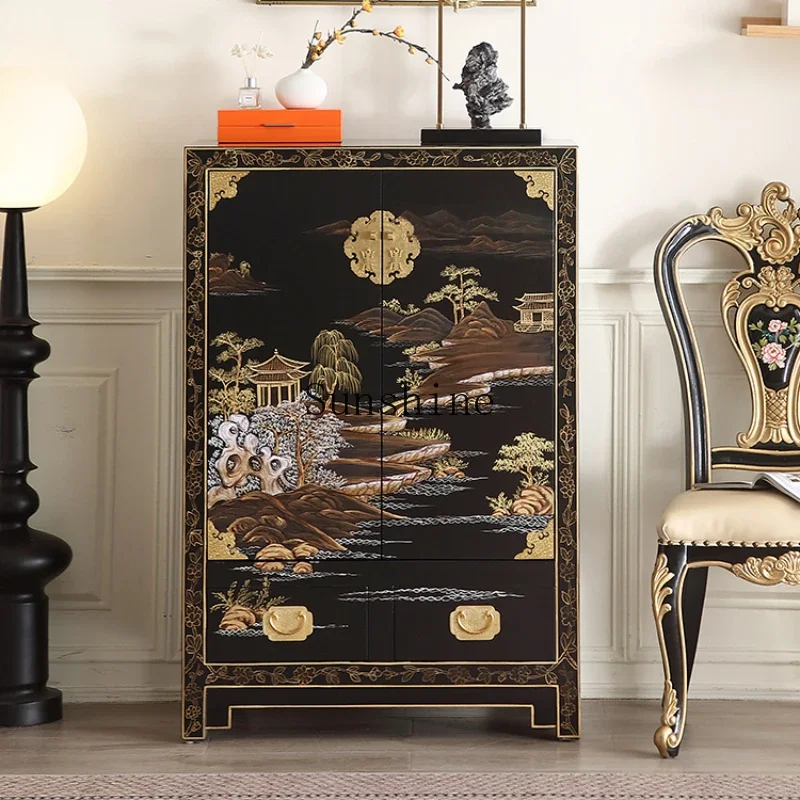 New Chinese classical solid wood black gold-painted integrated entrance shoe cabinet decorative locker