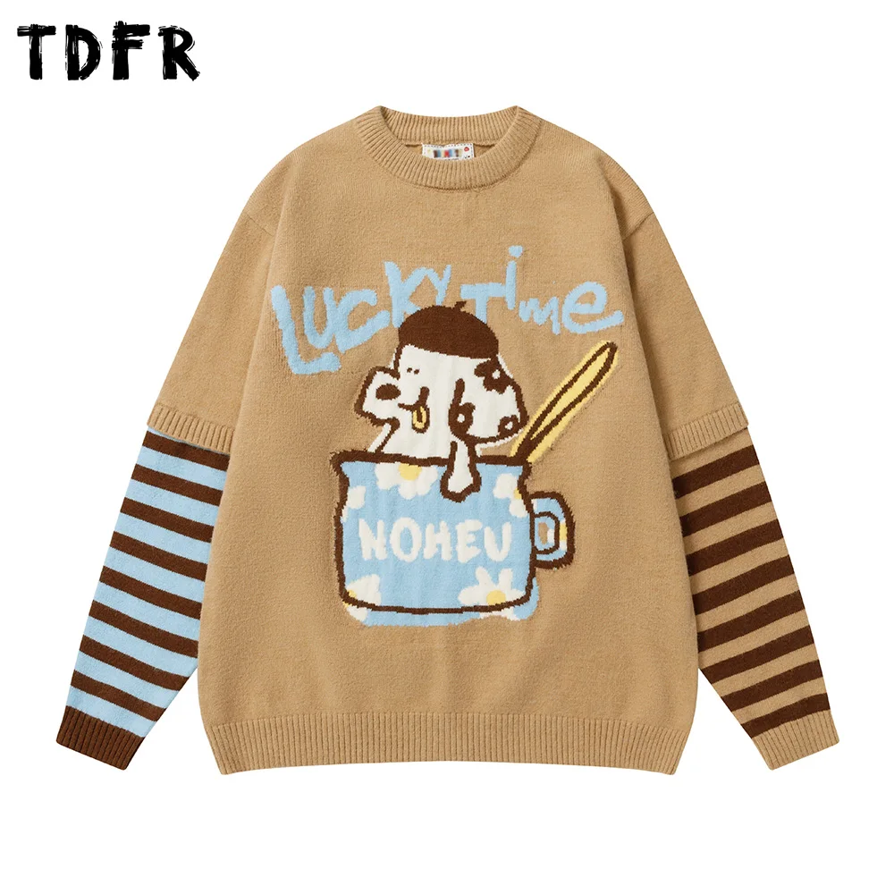 

Contrast Puppy Jacquard Sweater Mens Autumn Winter Retro Casual Crew Neck Spliced Long Sleeve Knitted Pullover Man