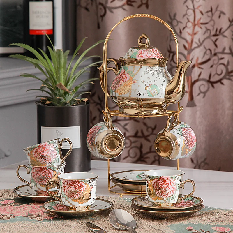 

European retro ceramic coffee cup and plate set, new afternoon tea set, electroplated coffee set, 13 pieces set