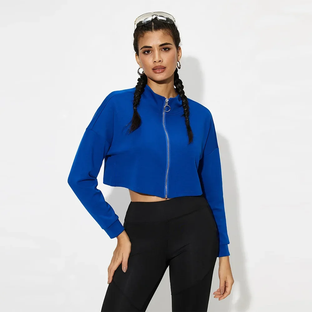 Blue Yoga Jacket Women Long Sleeve Workout Top Zipper Running Training Sport Gym Wear Outdoor Coat New