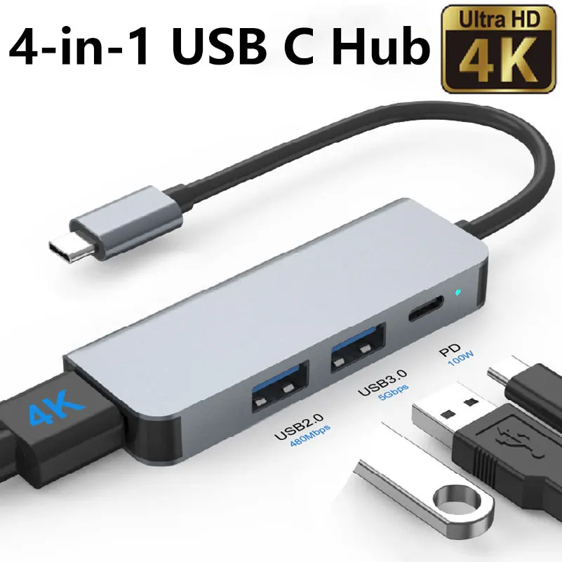 

USB-хаб 4-в-1 с поддержкой 4K HDTV, зарядкой PD 100 Вт и портом USB 3.0 для ноутбуков и настольных ПК