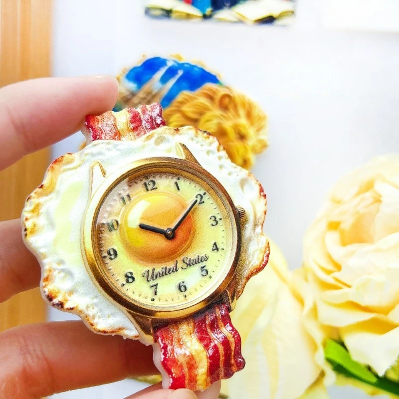 USA Breakfast Fridge Magnet - Whimsical 3D Bacon Egg Watch Souvenir Unique American Diner Gift for Travel & Kitchen Decor