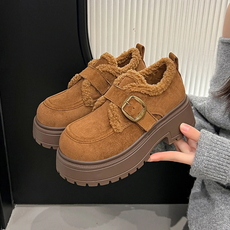 

Chunky Heel Fleece Modern Boots Winter Warm Women Cotton Shoes Fashion Outdoor Ladies Bootie Non-slip Buckle Casual Ankle Boots
