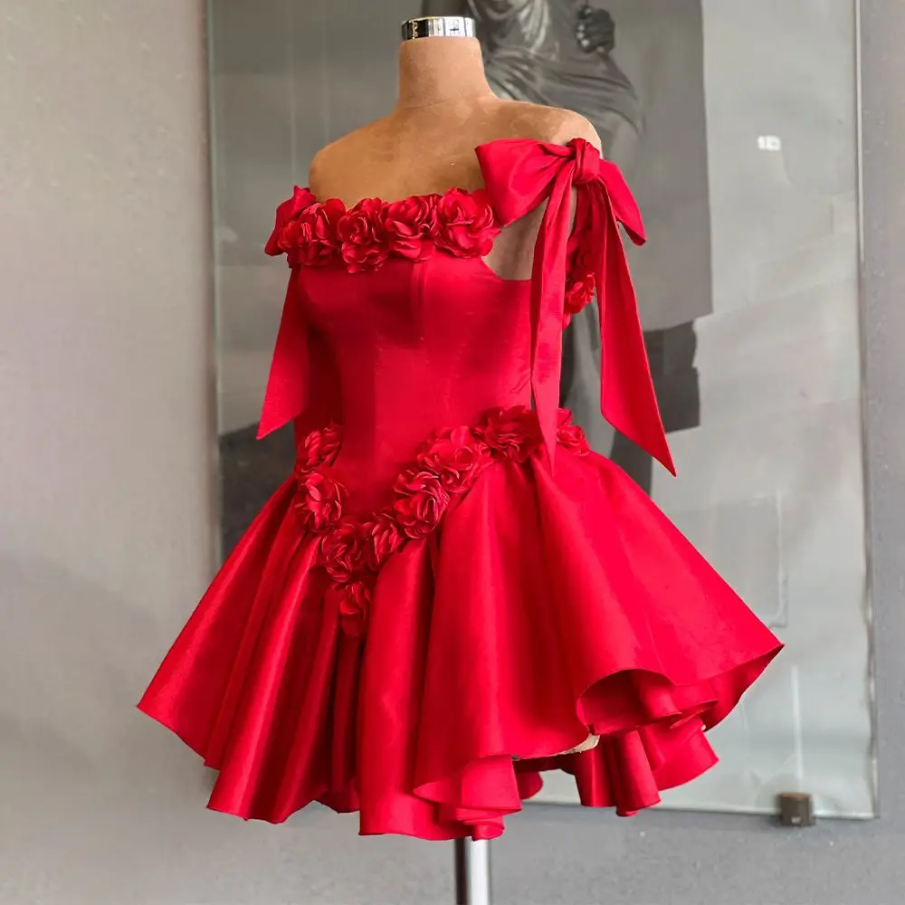 

Off the Shoulder Red Short Homecoming Dresses with Bow Hand Made Flowers cocktail Prom dresses short formal dress