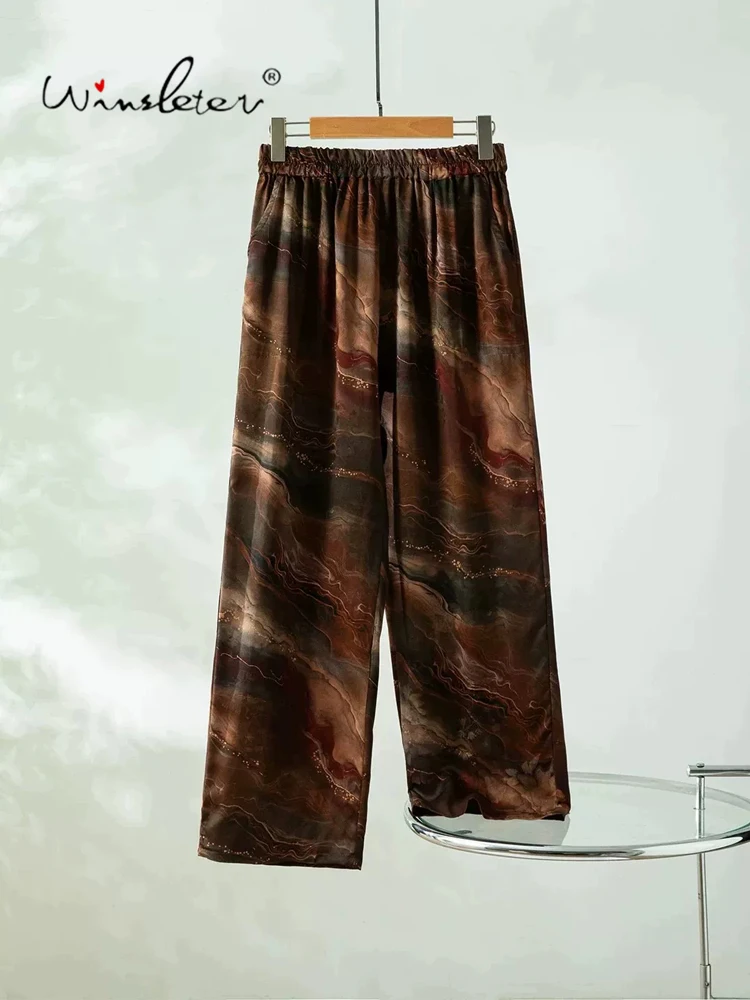 Winsleter-100%Real Silk Watered Gauze Elegant Trousers, Elastic Waist Hua Luo, Women Retro Chic Pants, 2026 Autumn New B6O441CC
