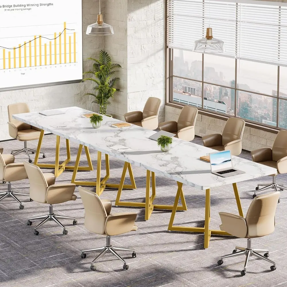

4-Person Industrial Style Office Meeting Table with Metal Base, Suitable for Small Spaces, White & Gold Finish