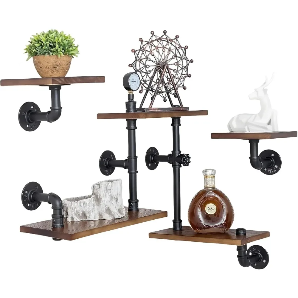 Industrial Rustic Modern Wood Ladder Pipe Wall Mounted Floating Shelves - Set of 3 Bookshelf,DIY Storage Shelving,Hung Bracket,B