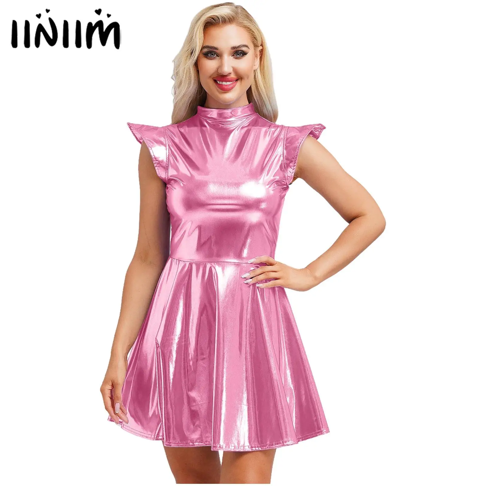 Damen A-Linien-Kleid mit hoher Taille, glänzendes metallisches Stehkragen-Kleid mit Flügelärmeln, modernes Pole-Dance-Rave-Party-Bar-Club-Kleidung, Street Wear