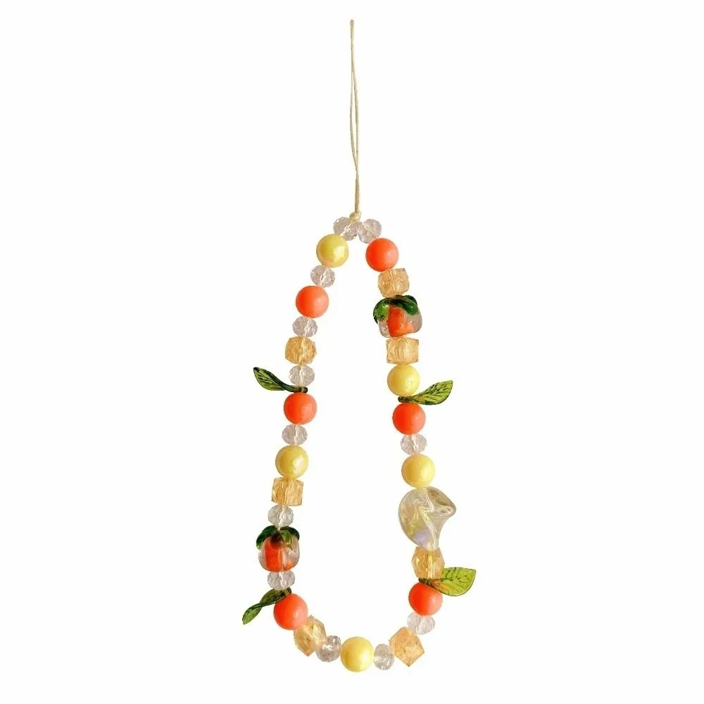 

New Orange Persimmon Leaves Phone Lanyard Bag Chain Cartoon Bracelet Crystal Bead Charms Lucky Bag Decoration Anti Loss Rope