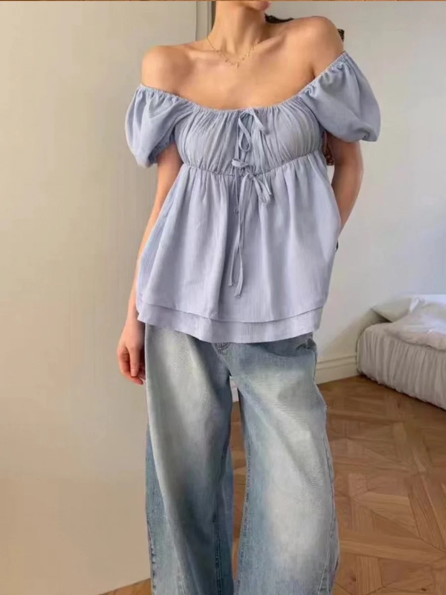 

Retro Pure Desire Bubble Sve irt Women Summer Square Collar Pleated Knot ort Sve Slimming ort Length Top