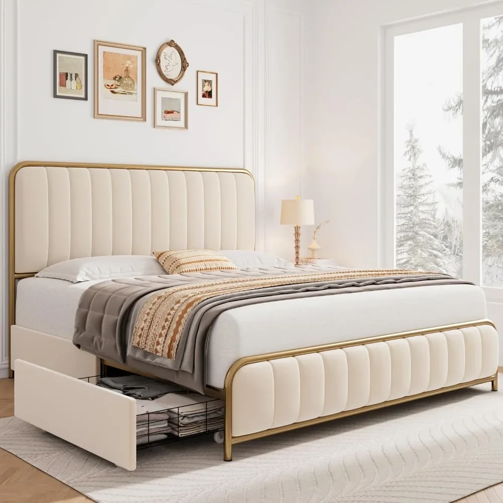 Queen Bed Frame, with 4Storage Drawers and Headboard, Heavy Duty Metal Mattress Foundation with Wooden Slats,Bedroom Beds Frames