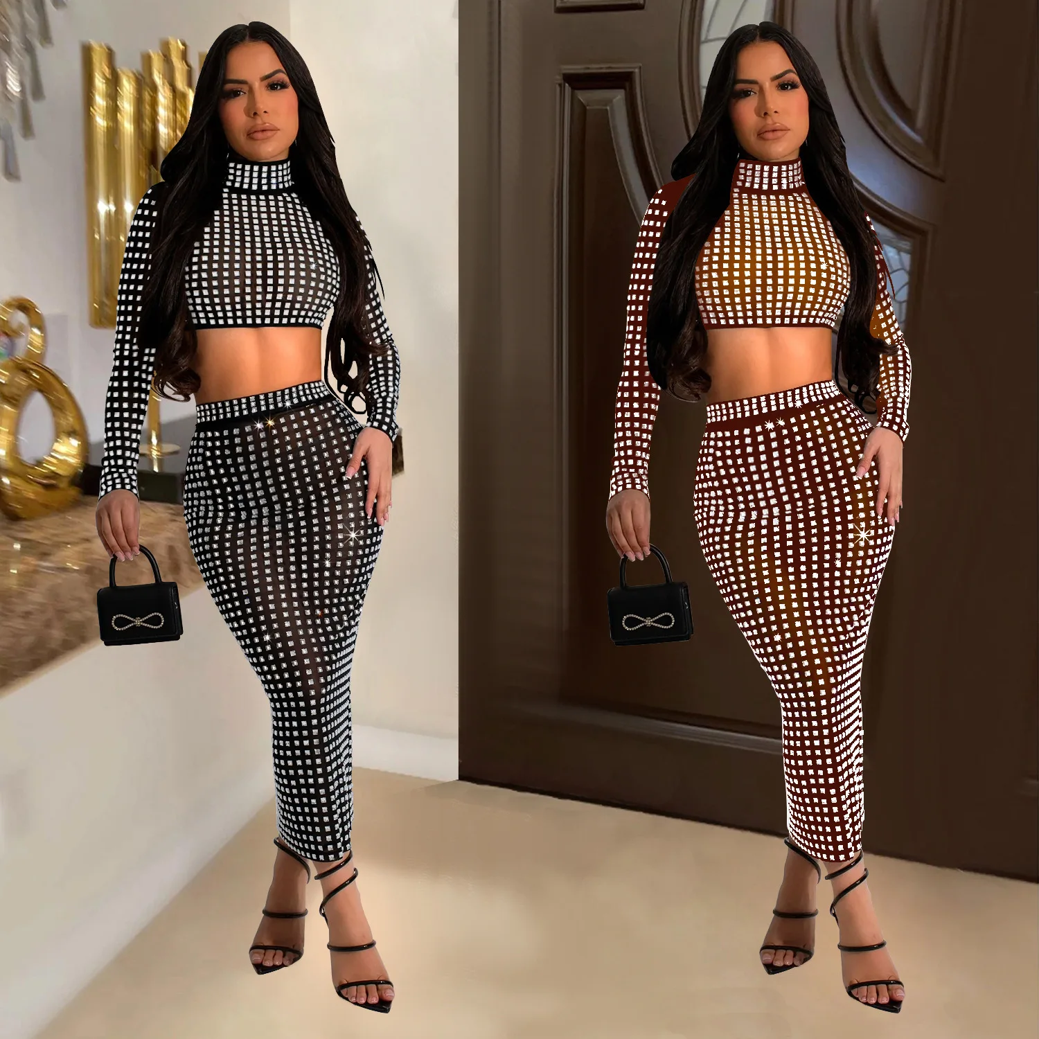 

customized Women's adult belly dance fashion outfit sparkling diamond sequins sexy mesh skirt two-piece set exotic dancewear