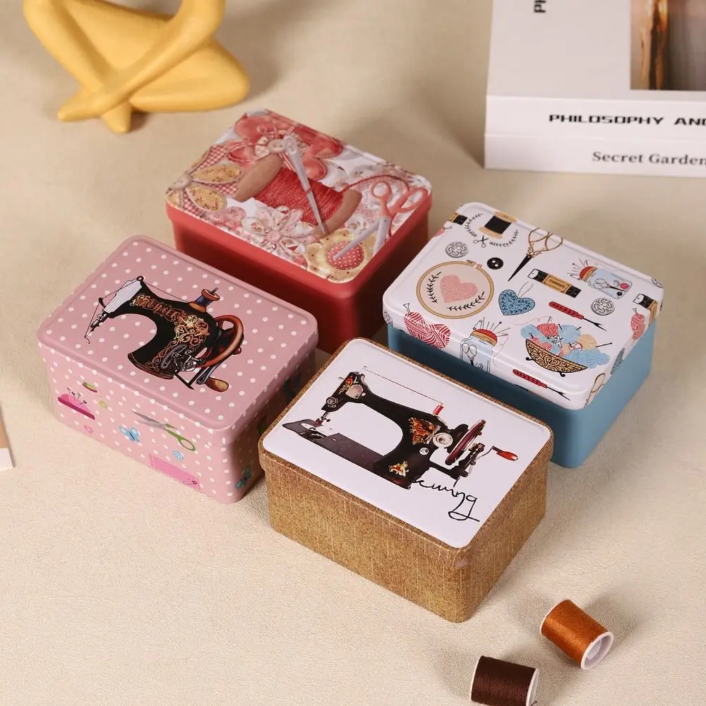 Rectangular Shape Sewing Storage Box Printed Pattern Smooth Metal Surface Thread Storage Box Portable Organizer