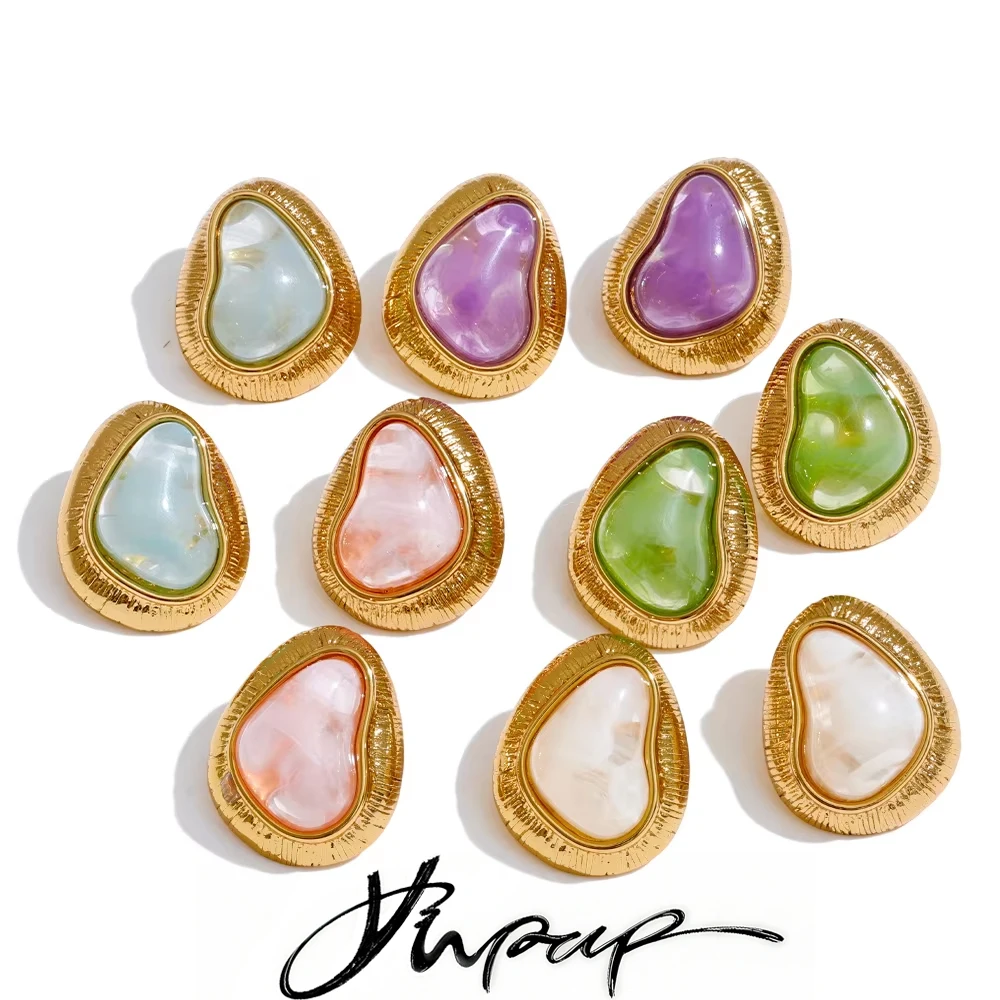 Yhpup Candy Multi-Color Resin Acrylic Heart Stud Earrings Golden Stainless Steel Exquisite Jewelry Blue White Pink Purple Green