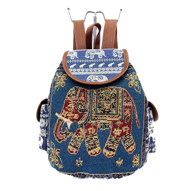 Ethnic Style Embroidered Jacquard Canvas Women\'s Backpack Large Capacity Drawstring Buckle Top Backpack