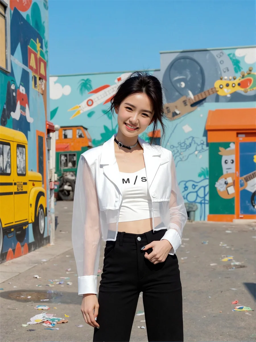 Sonnenschutz, abgeschnittene, durchsichtige Blazer mit Rückenschlitz, elegante Damenkleidung für Damen, Weben, kausal, bestickte Flares, Farbblock-Femme