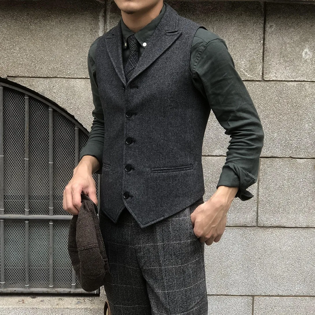 Autumn and Winter Herringbone Retro Vest Business Herringbone Pattern British Wool Gentleman's Vest Men's Khaki Style Vest