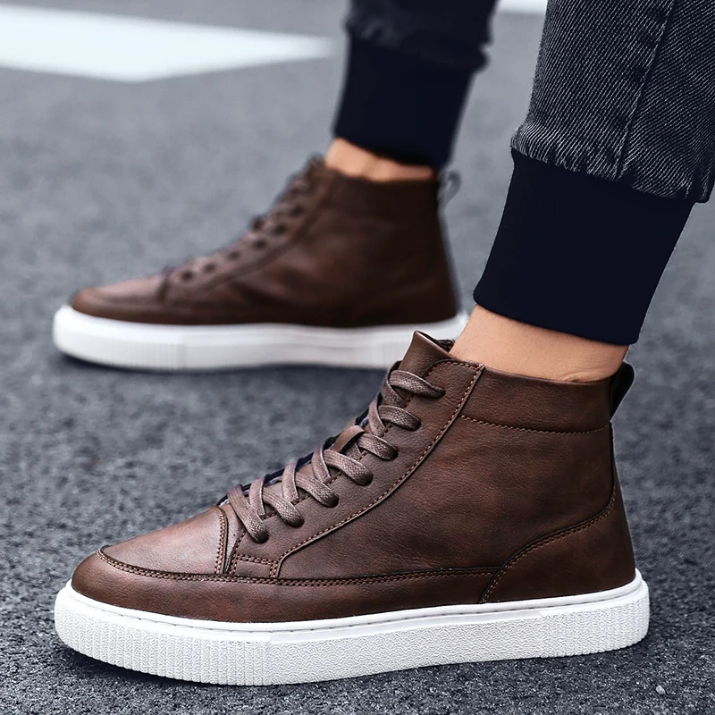 Fashion Casual Men\'s Leather Shoes Quality High top Brown Shoes Men Comfort Skateboard Sneakers Men Moccasins chaussure hommes