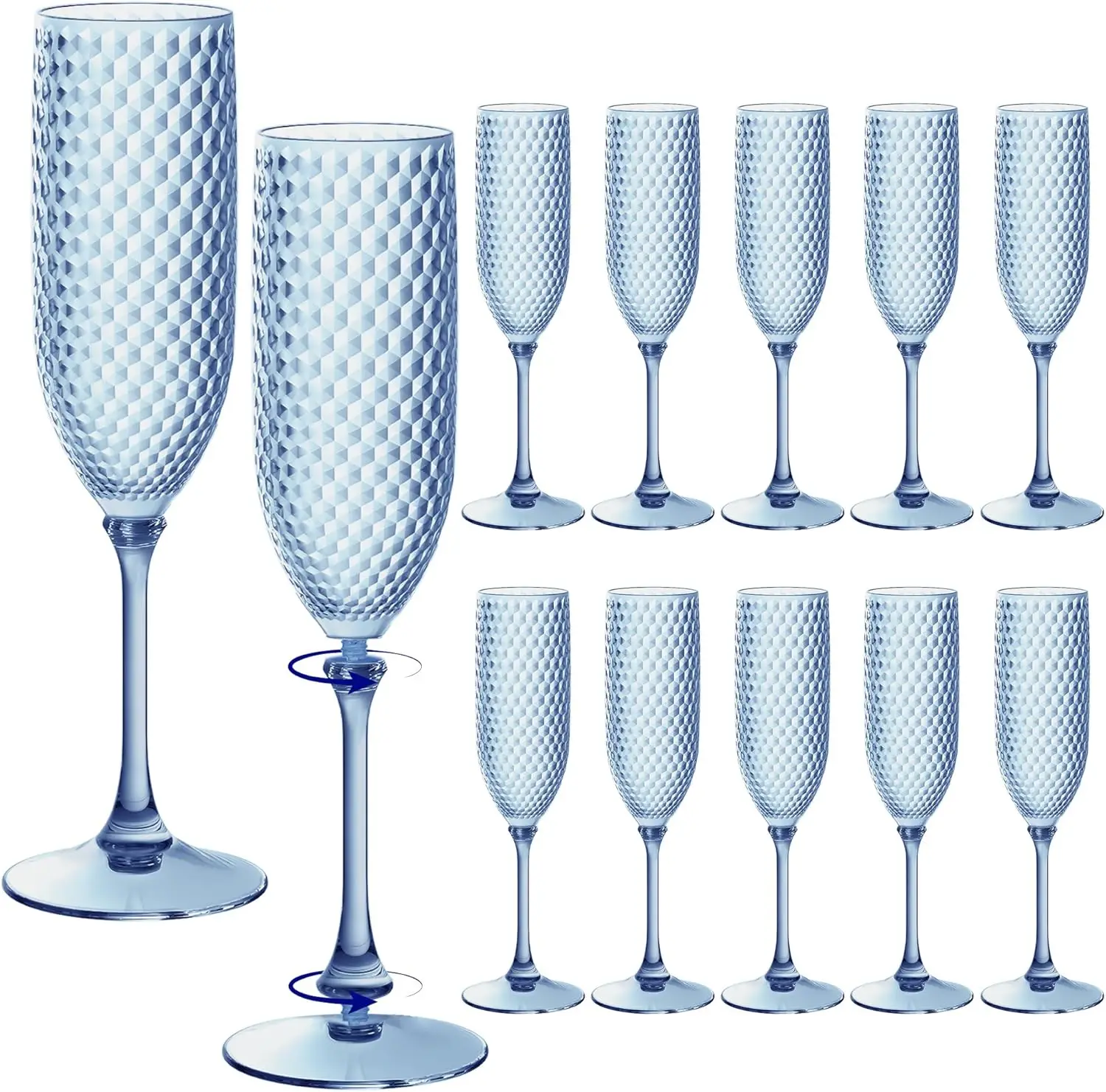 

Blue Plastic Champagne Flutes 12 Pcs, 5.5oz Unbreakable BPA-free Stemware for Wedding Toasting & Parties