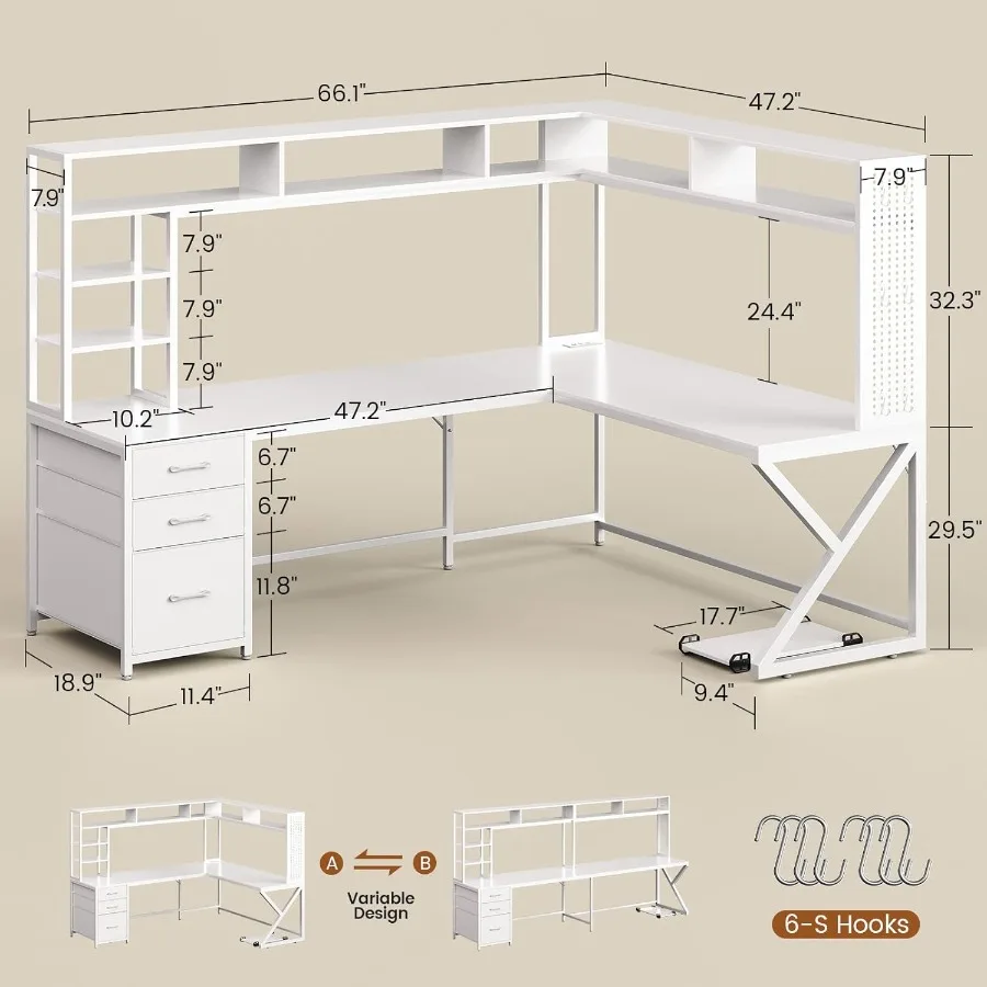 مكتب كمبيوتر زاوية قابل للتحويل 94.5 مكتب ألعاب مع قفص أدراج تخزين ومكتب مكتب على شكل حرف L مع مخرج طاقة