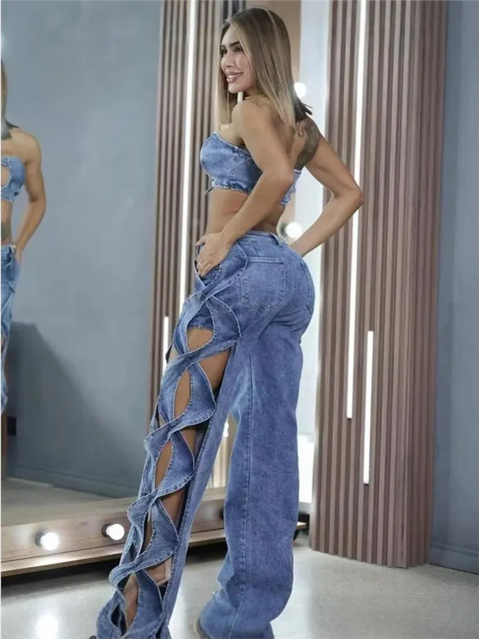 Calças Jeans Fenas Slim Fit com Recortes em Denim, Calças Longas com Recortes e Costura, Perna Reta, Micro Stretch, Moda ...