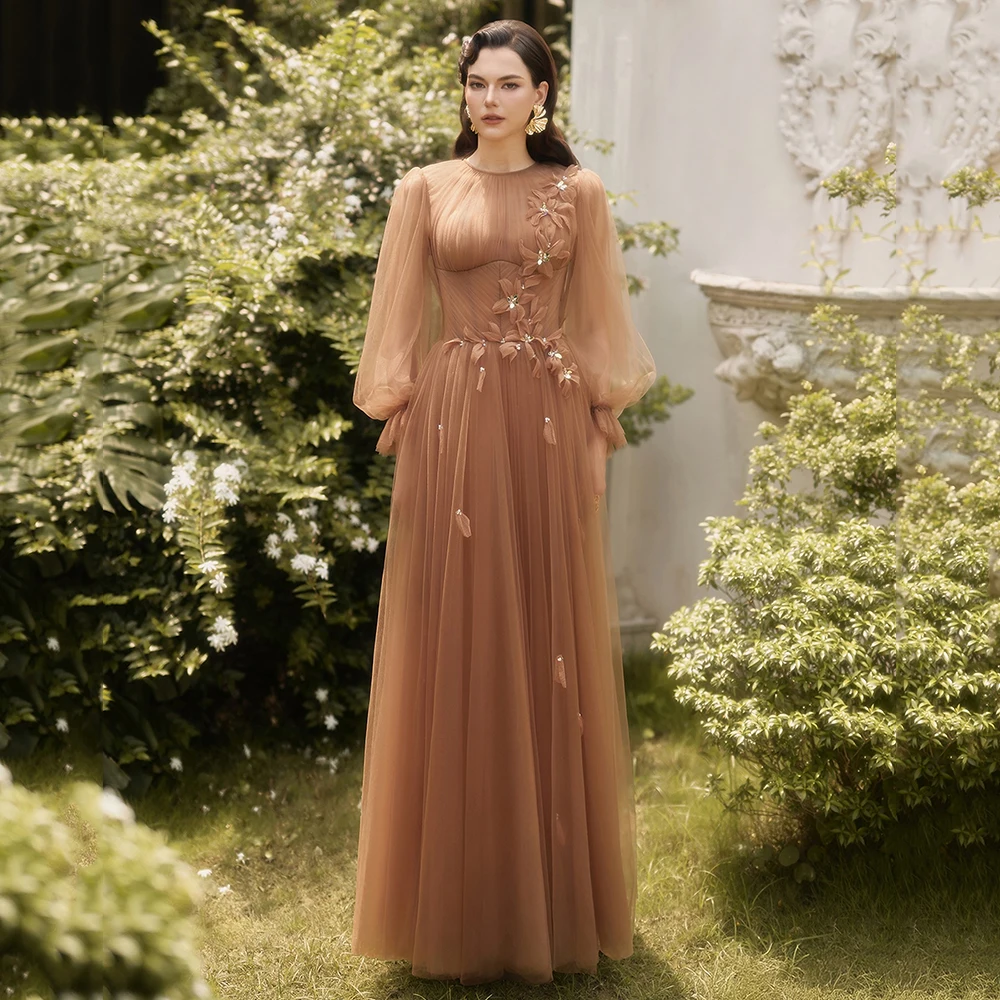 

Женское вечернее платье из тюля с круглым вырезом и драпировкой по индивидуальному заказу, вечернее платье с длинными рукавами и аппликацией, вечернее платье трапециевидной формы до щиколотки, платье для выпускного вечера для женщин