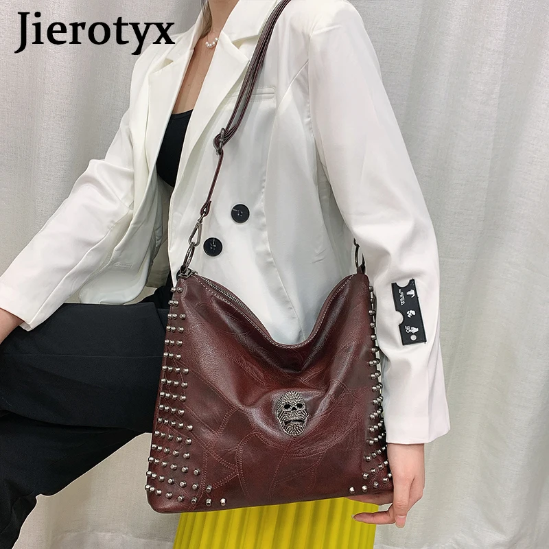 JIEROTYX Vintage Rivet Tote Bags Skull Design Bucket Bag Women Shoulder Bags Soft PU Leather Shopping Large Capacity Gothic