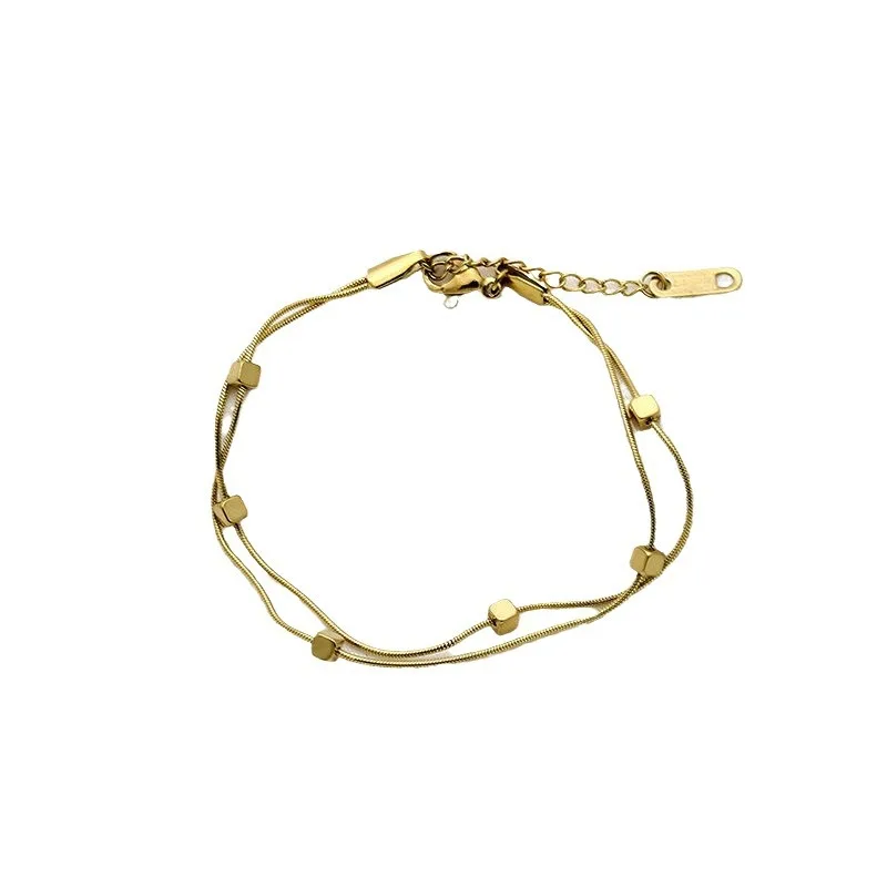 Pulsera de doble capa de bloque cuadrado geométrico exquisito para mujer, brazalete de acero inoxidable de Color dorado con personalidad, accesorio de joyería