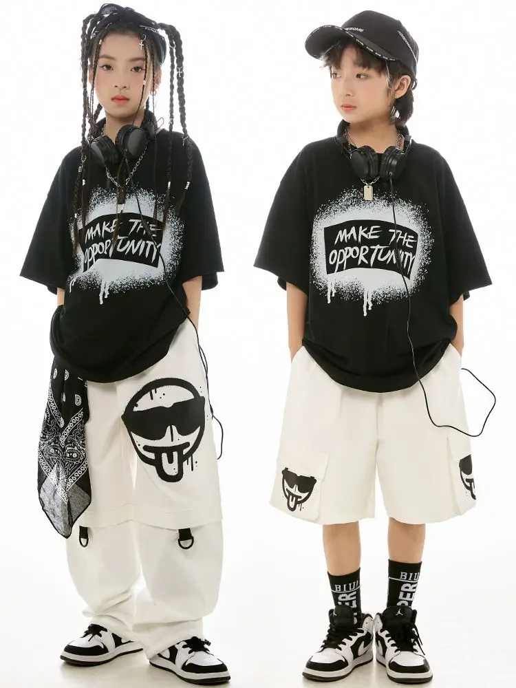 

Детское красивое модное платье для уличных танцев, черная одежда в стиле хип-хоп с короткими рукавами, модное брендовое мужское и женское танцевальное платье