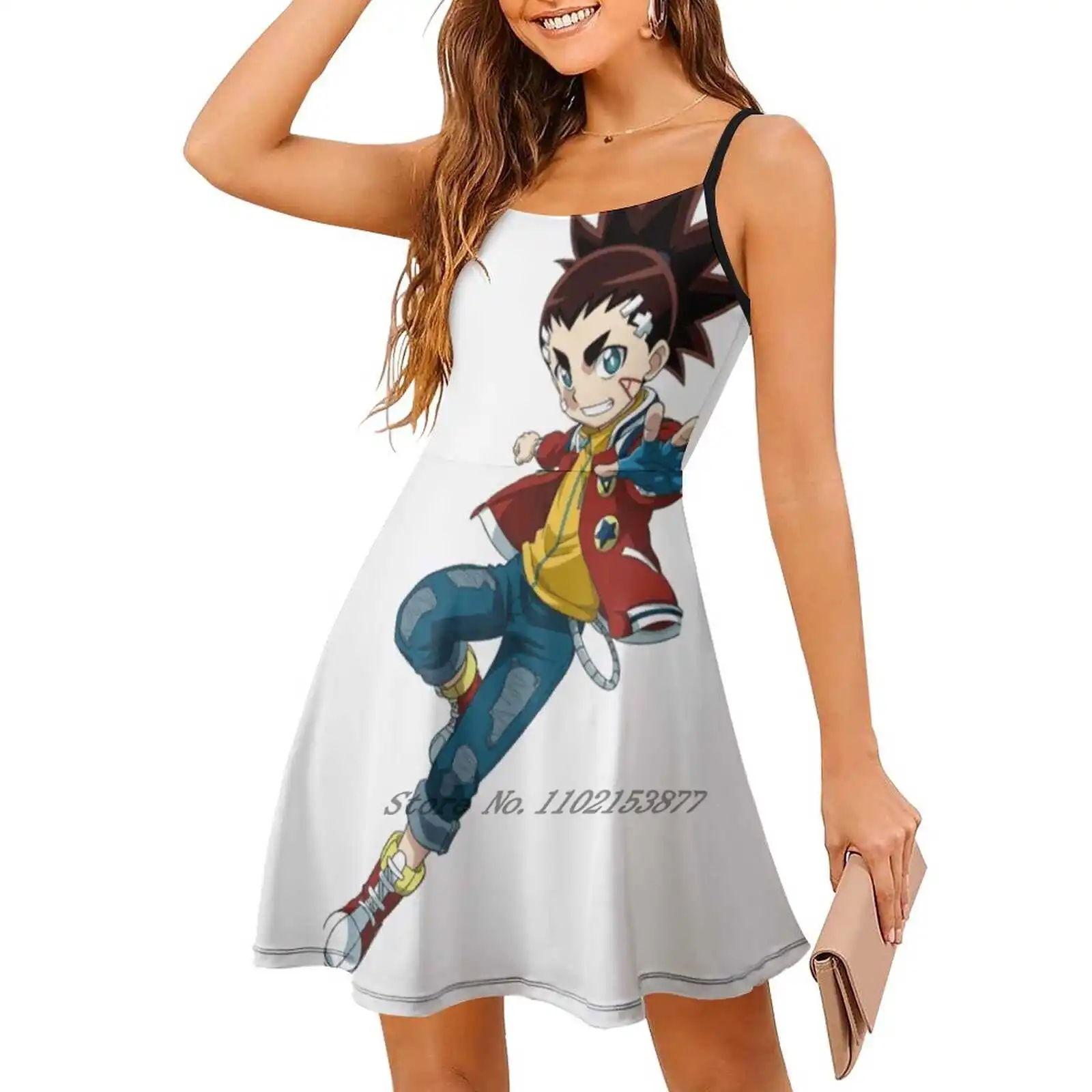 Aiger Akabane Beyblade Loose Pocket Dress Women Casual V Neck Dress Printed Dress Aiger Akabane Beyblade Burst Turbo Beybattle