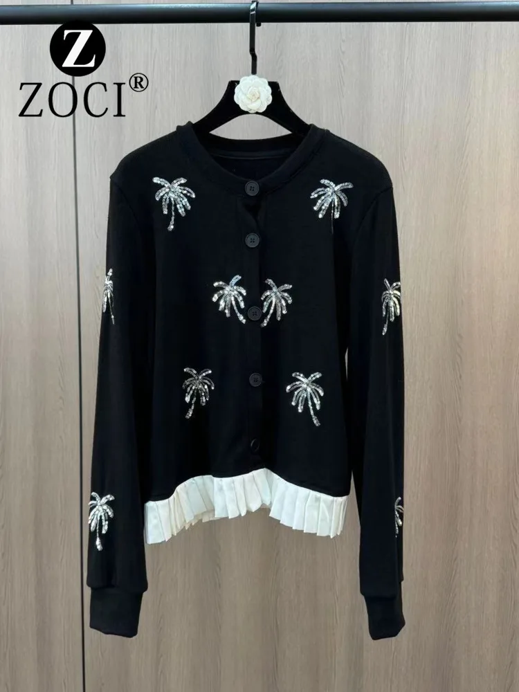 [ZOCI Winter Round Neck Long Sleeve Sparkling Fireworks Under Splicing Hundred Fold French Elegant Style Knitted Cardigan