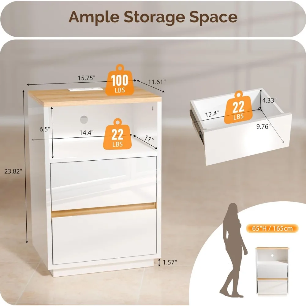 "منضدة LED لامعة مع منفذ شحن وأدراج للاستخدام بجانب السرير" #2