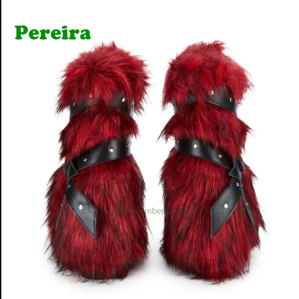 Red Animal Fur Belt Buckle Mid-Calf Boots Platform Round Toe Plush Warm Winter Women\'s Boots Slip On Rivet Runway Shoes Sexy