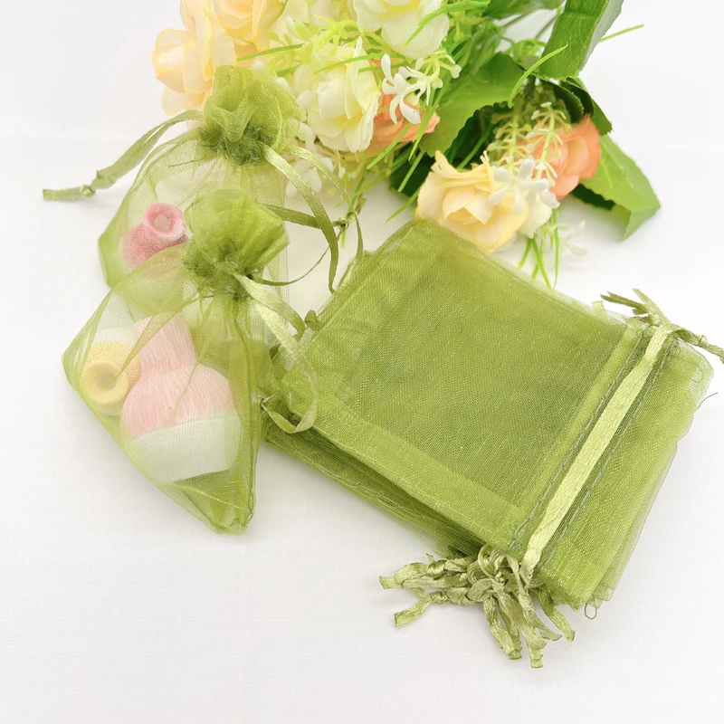 Sacos de Organza em Exército Verde, Embalagem Perfeita para Presentes de Natal, Fontes Do Partido, Bolsas De Armazenamento De Doces De Casamento, 100Pcs