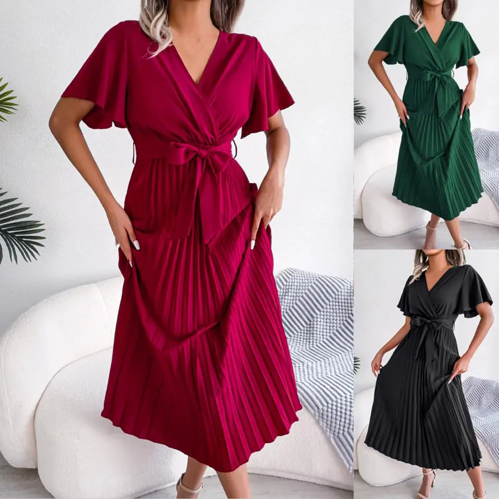 

Classic Breathable V-neck Butterflies Sleeve Elegant Casual Long Dress High-Waist Pleated Large Hem Party Dress Streetwear