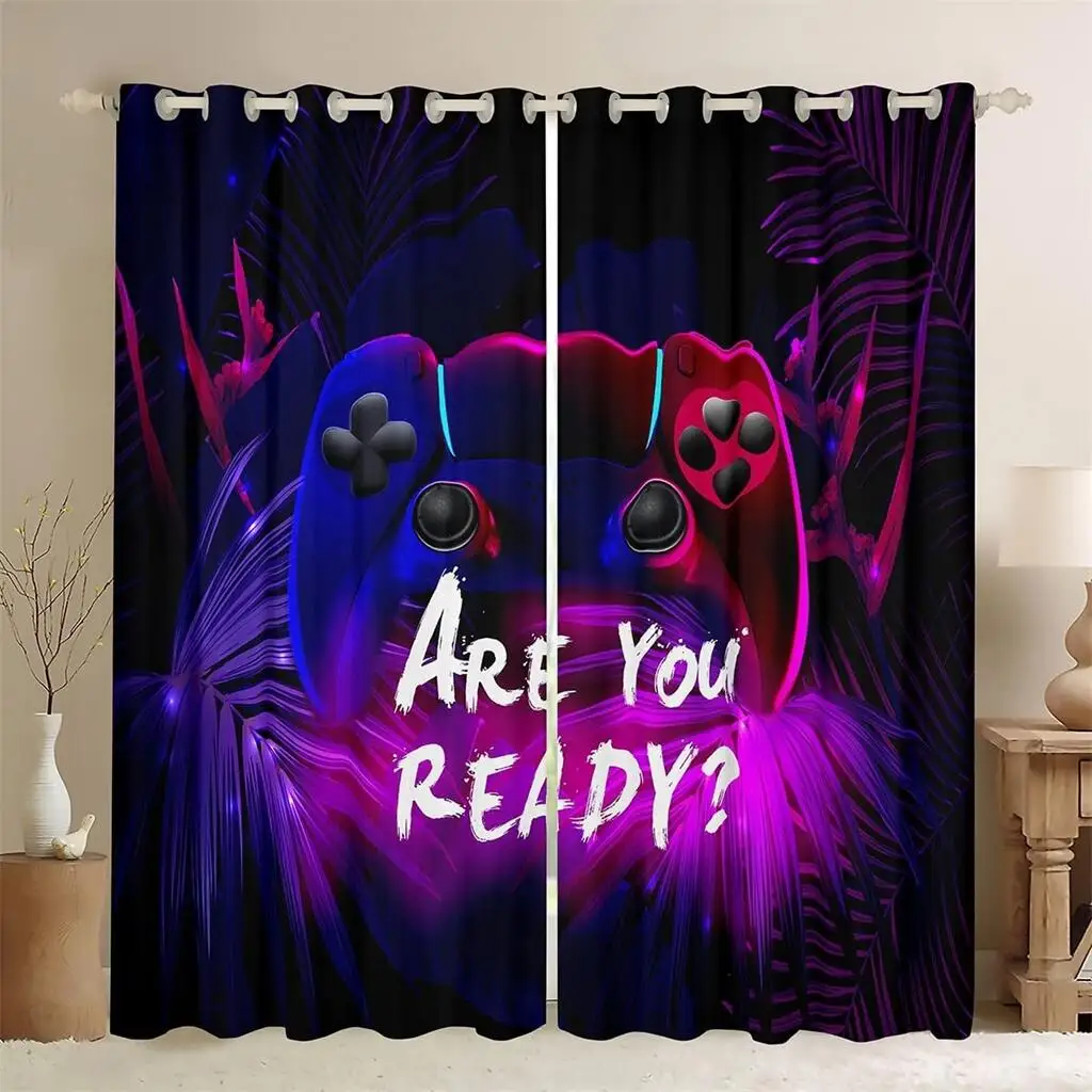 

2Pcs Neon Gaming Controller Curtains E-sports Theme Living Room Bedroom Curtains Modern Style Sun Blocking Decorative Drapes