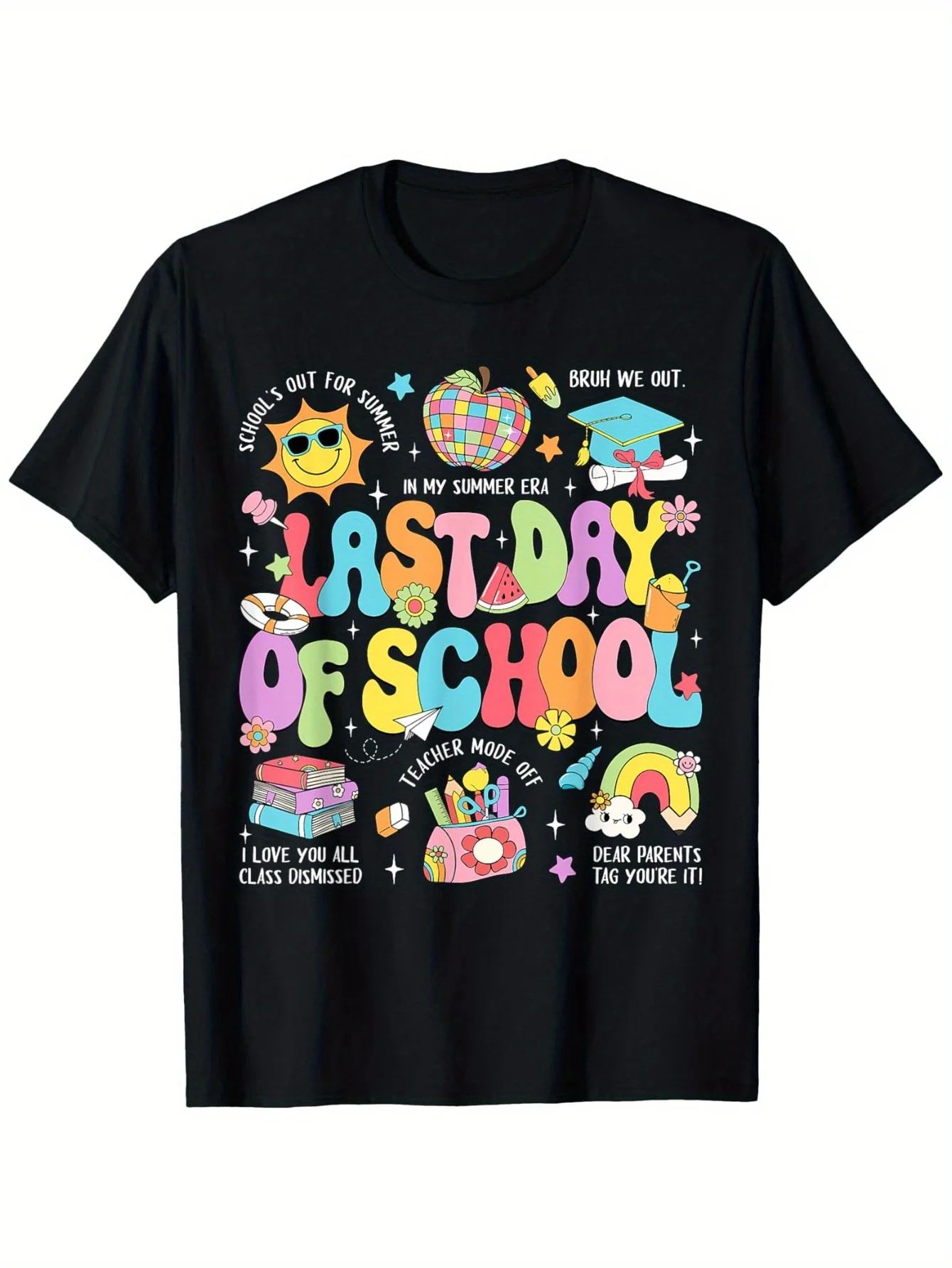 Happy Last Day Of School Teacher Grad Hello Summer T-Shirt, Fashionable Cotton Top Short Sleeve, Street Style Short T-shirt, Com