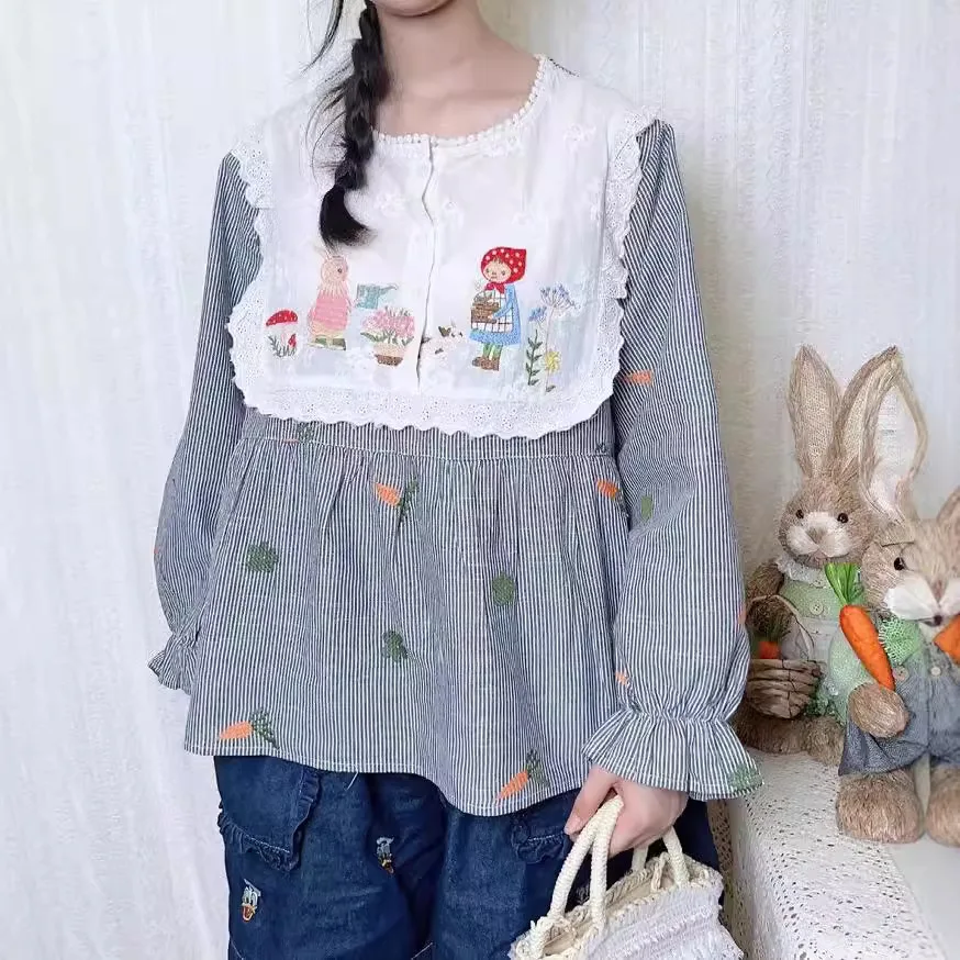 New Autumn Cotton Long Sleeve Shirts, Women Lace Collar Embroidery Tops, Mori Girl Loose OL Sweet Blouses, 2024 Winter T48638QM