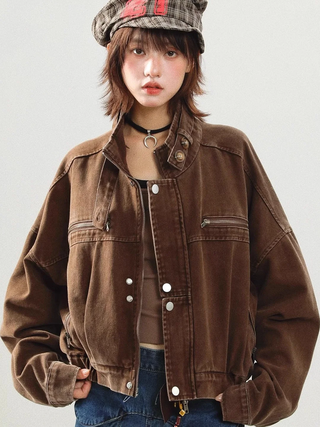 

American Sle Retro Workwear Denim Jaet Women's Stand Collar Loose Fit ort Coat Trendy Top Breathable Polyester Fiber