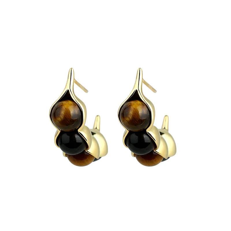 Tiger Eye Pod Earrings Gemstone Real Jewelry Designer Ear Stud Vintage Fashion Accessories 18K Gold Plated Charm Amulet Luxury