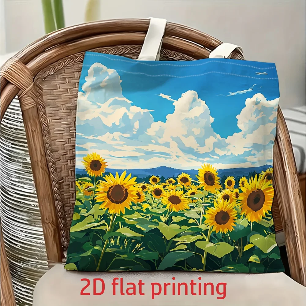 1pc Sunflower Sea of Flowers Themed Printed Tote Bag, Reusable Shopping Bag, Suitable for Daily Use, Shopping, School, Travel