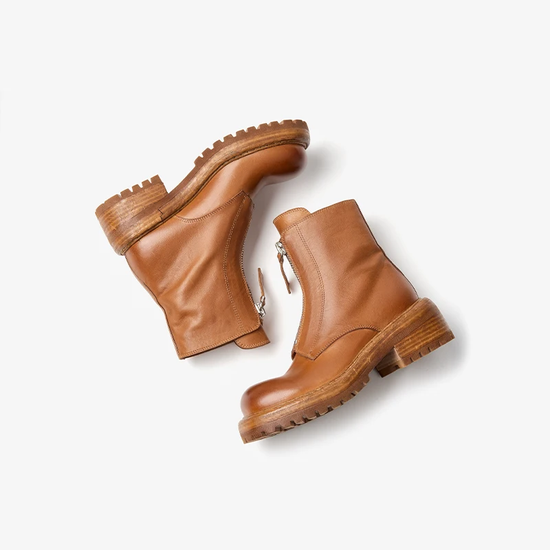 BEAUTODAY Ankle Boots Women Horse Leather Big Round Toe Front Zip Lace Up Boots Retro Ladies Platform Shoes 03A61