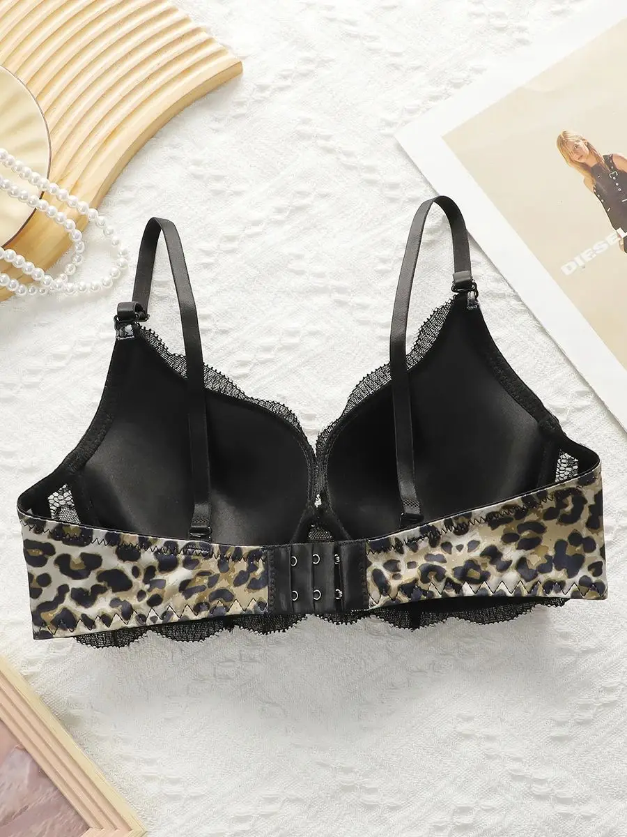 Women\'s Leopard Print Patchwork Lace Lingerie With Steel Rims Gathered Push Up Bra Daily Comfortable Close Fitting Bra B6041