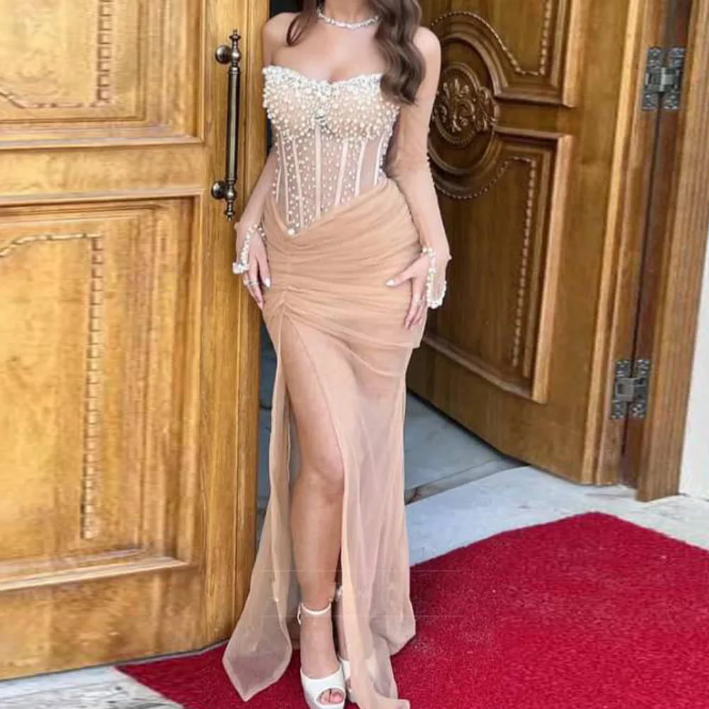

Customized Modest Illusion Prom Dresses Side Split Mermaid Corset Dress with Pearls Draped Mesh Tulle Formal Cocktail Gown