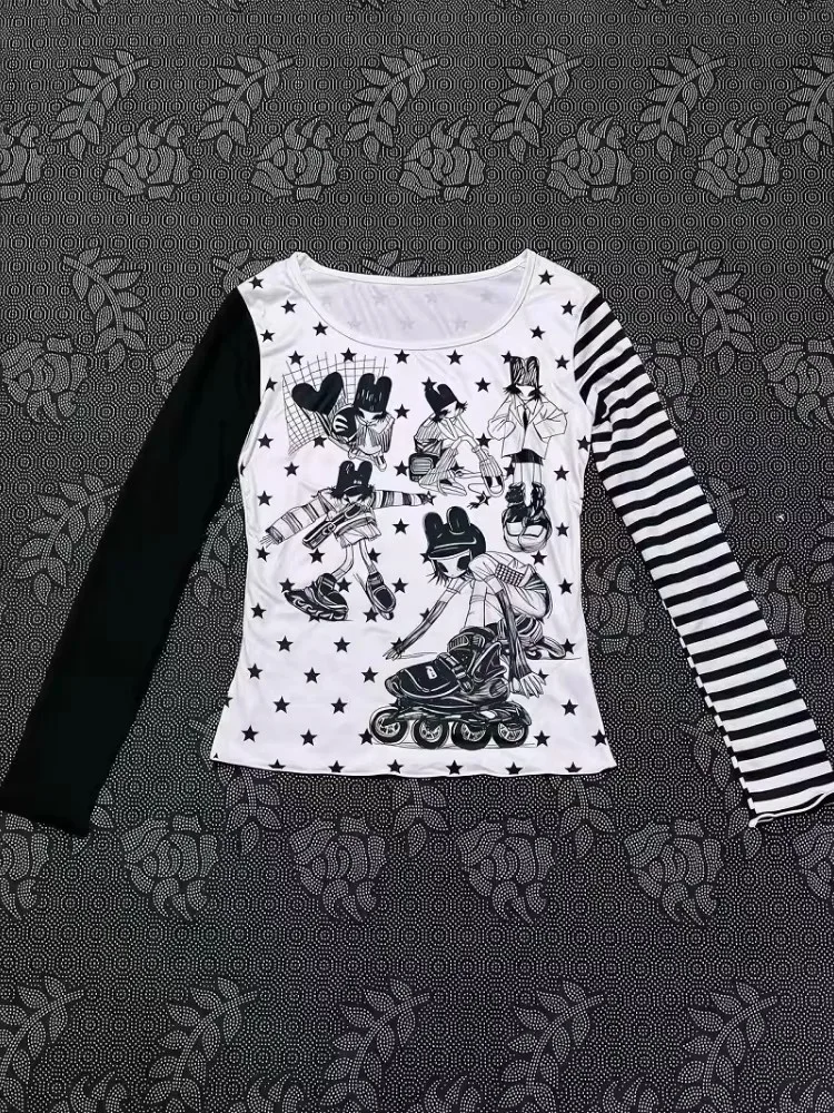 

HOUZHOU Y2k White Anime Juminocore Women T-Shirts Harajuku Striped Long Sleeve Japanese 2000s Style Slim Tees Subculture Gyaru