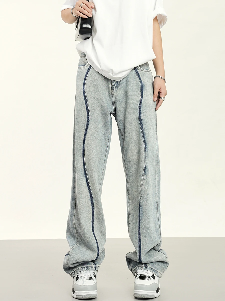 

High Street Vintage Washed Old Spliced Stripe Fashion Brand Jeans Men's Loose Versatile Straight Leg Wide Leg Pants